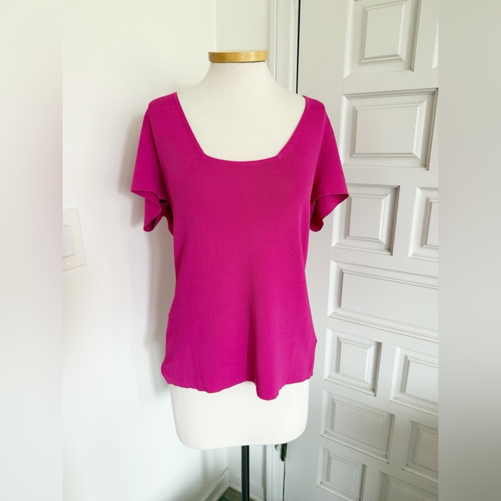 Dana Buchman Bold Pink Short Sleeve Top Square Neckline Blouse Size Large
